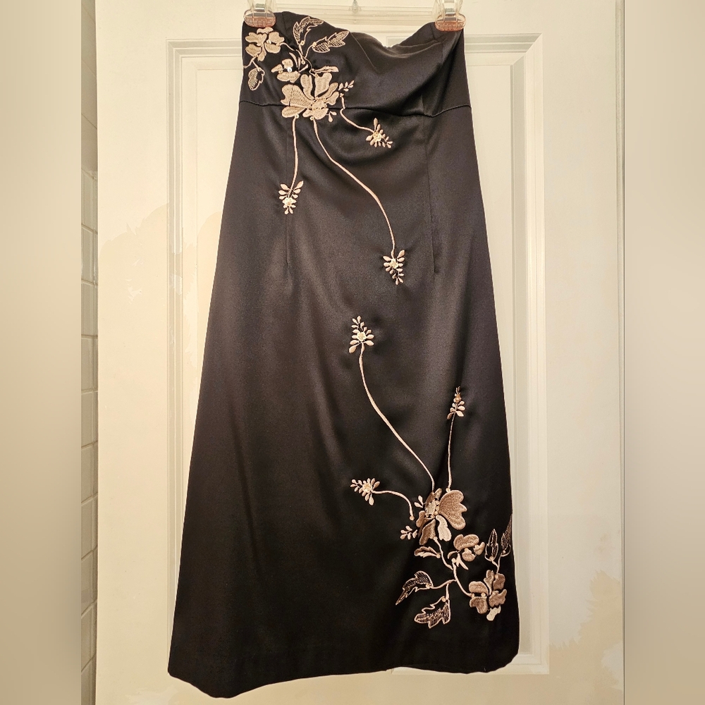 Vero Moda Black Strapless Dress With Golden Floral Embroidery